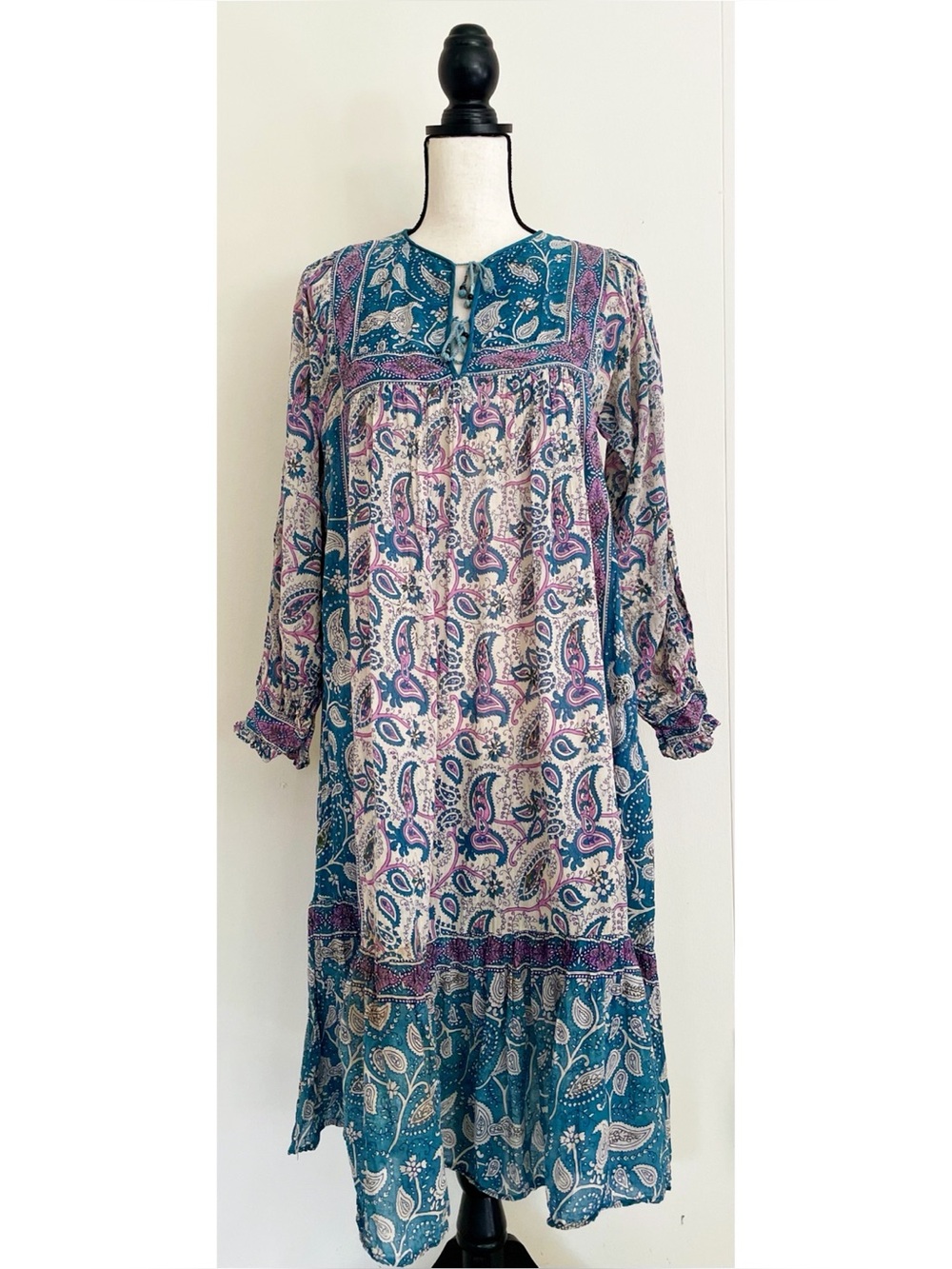 Vintage 70s Indian Cotton Gauze Block Print Long Sleeve Dress